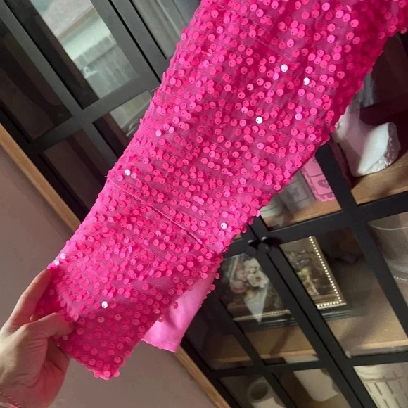 H&M pink sequins shirt mini dress button down Barbiecore long sleeve eras tour - Picture 6 of 8
